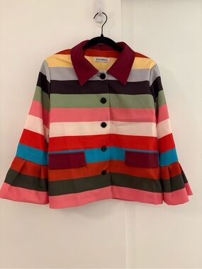 Uoozee Multicolor Striped Bell-Sleeve Cropped Jacket - Pink/Red/Blue/Green